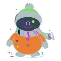 An snowman is wearing a gray hat with a green stripe on the top. He has a black face with a big smile on his face. His eyes are green and his mouth is pink. vector