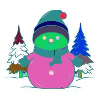 Snowman is wearing a green hat with a black stripe on it. He is also wearing a pink coat with a green scarf around his neck. There are two snowman trees behind him. vector