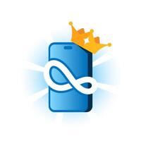 Flat illustration of smartphone screen featuring an infinity symbol and a crown. unlimited premium features with lifetime access on a mobile application. for app UI, banners, or promotional materials vector