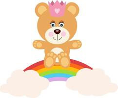 Cute teddy bear sitting on rainbow with clouds vector