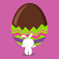 Happy easter card with white rabbit holding a large chocolate egg vector