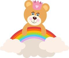 Princess teddy bear hanging on rainbow with clouds vector