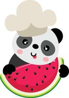Panda cook holding slice of fresh watermelon vector