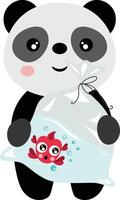 Funny panda holding a plastic bag with red fish vector