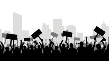 Crowded civil demonstration with protest boards in the city. Illustration about social issues with crowds of people holding placards and megaphone. People protests in front of skyline building vector