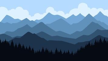 Landscape of mountain range with pine forest and cloudy sky. Illustration of scenery mountain ridge with coniferous forest. Blue jagged mountain panorama with pine forest silhouette vector