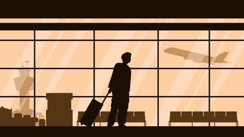 A passenger dragging luggage in the airport lounge. Illustration of traveler with suitcase in the airport lobby with takeoff plane in the background. Airport hall with seating and runway plane vector