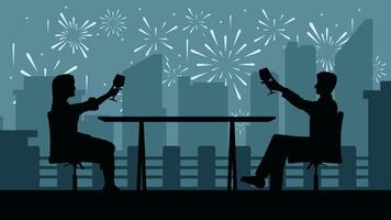A couple having dinner on top of building with sky full of fireworks. Illustration of two people drinking in the night of new year holiday. Date of couple with cityscape and fireworks party vector