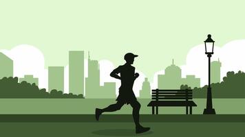 Illustration of person jogging at the park with cityscape background. City park with bench and lamp in front of the skyline building. Illustration of a person exercise running along the path vector