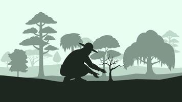 A person is planting a plant in the forest to help the environment. Illustration of a gardener planting sapling for reforestation. Afforestation to protect environment by planting small tree vector
