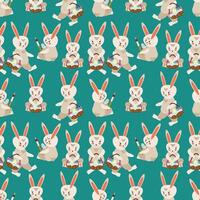 Easter pattern easter bunnies with baskets of colorful eggs vector