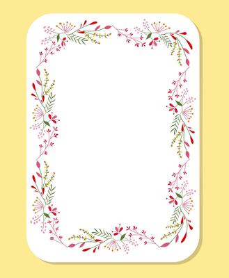 Delicate rectangular floral frame adorned with pink, red, yellow, green flowers and leaves.