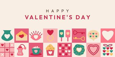Geometric Banner template on Valentines Day 14 february. Trendy minimalist square mosaic design with icons for invitation, card, branding, cover. Perfume envelope donut gift lock keys simple shape vector