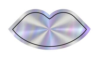 A shiny metallic empty lips hologram sticker with smooth curves and clean outlines with place for text. Holographic effect label for beauty, fashion background with copy space. vector