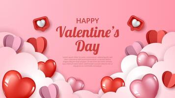 Happy Valentine's day background with heart elements and paper cut clouds. vector