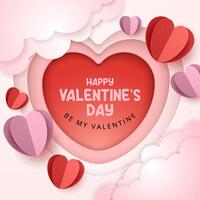 Happy Valentine's day background with paper cut heart elements and paper cut clouds vector