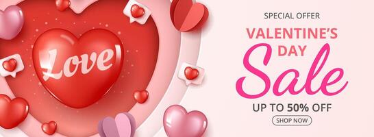 Valentine's day sale banner template with heart elements in red and pink paper cut heart background. vector