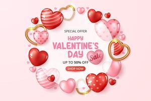 Happy Valentine's day background with Transparent circle shape and hearts elements in pink background. vector