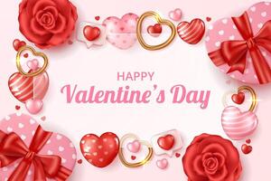 Happy Valentine's day background with Transparent shape, flowers and hearts elements in pink background vector