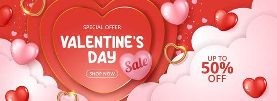 Valentine's day sale banner template with heart elements, paper cut clouds and red paper cut heart. vector