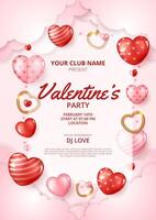 Happy Valentine's day party poster template with heart element and paper cut clouds. vector