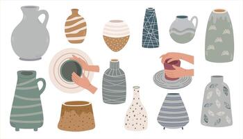Ceramic vases set. Various ceramic Vases. Different shapes. Hand drawn illustration in flat style vector