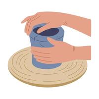 Pottery studio. Pottery workshop. Top view. A potter sculpts a clay pot on a potter's wheel. illustration. vector