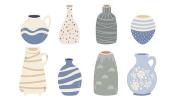 Ceramic vases set. Ceramic, vases, earthenware bowls. A set of ceramic jugs and vases. Flat set vector
