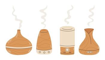 set of wooden aroma diffuser in cartoon style. Different types of diffuser. vector
