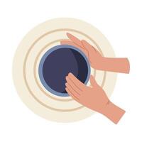 hands making pottery jug, top view. Ceramic work. Arts and craft. Hobby and leisure. Flat design vector