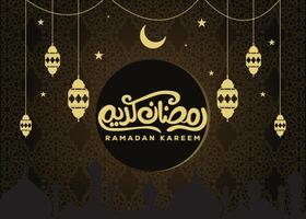 A Ramadan Kareem background with Islamic ornaments, arabesque patterns, lanterns, moon, stars, and Arabic calligraphy. vector