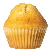 Golden muffin wrapped in pleated paper cup isolated on white background photo