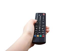 Hand with remote control pointing forward isolated at white photo