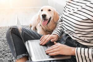 Working Home Concept. Closeup cropped view of smiling woman sitting on carpet in living room with dog, using laptop computer. Happy lady doing freelance job in internet online, teleworking on floor photo