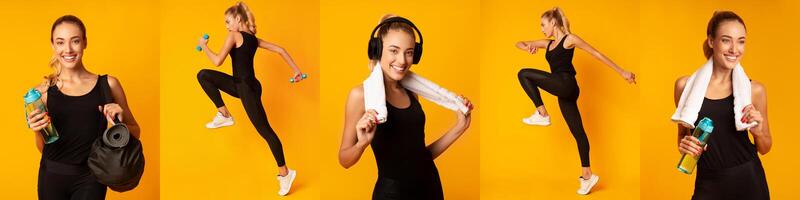 A young woman with a joyful expression stands ready for her workout, showcasing various activities including stretching, using weights, and wearing headphones. She appears enthusiastic and fit. photo