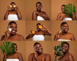 Overweight black woman showcases her skincare routine by applying natural products, smiling joyfully. Various activities include holding citrus slices, using a leaf, and enjoying self-care moments. photo