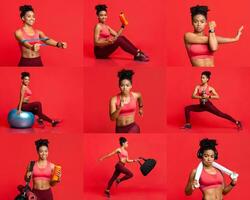 A fitness enthusiast performs diverse exercises including strength training, cardio, and stretching on a bright red background, showcasing different workout gear and techniques with enthusiasm. photo