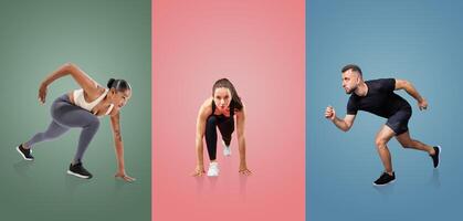 A group of athletes engages in various running and training exercises, showcasing their dedication and intensity against colorful backdrops. The atmosphere radiates energy and motivation. photo