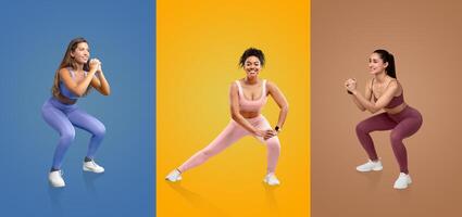Three women perform squat exercises in vibrant athletic wear, set against colorful backgrounds. They demonstrate focus and energy while engaging in a popular fitness activity. photo