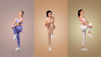 A fitness enthusiast engages in different exercises, showcasing her flexibility and form. She wears colorful workout outfits while training in a minimalistic indoor environment. photo