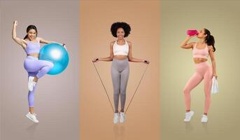Three women showcase different fitness activities in a studio setting. One exercises with a stability ball, another uses a jump rope, while the third drinks water after a workout. photo