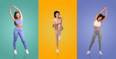 Three women perform different stretching exercises against bright, colorful backgrounds. Each showcases unique poses, contributing to a lively atmosphere focused on fitness and wellness. photo