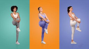 Three women perform dynamic stretches against vibrant backgrounds. Each demonstrates a unique pose while wearing activewear. The setting highlights their commitment to fitness and wellness. photo
