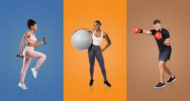 A woman lifts dumbbells while performing a step exercise, another poses with a fitness ball, and a man practices boxing. The vibrant colors enhance their energetic workout atmosphere. photo