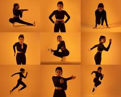 Black lady dancer performs a series of dynamic poses, showcasing flexibility and athleticism against a warm orange background. The choreography emphasizes movement, energy, and gracefulness. photo