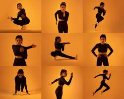 A fitness enthusiast black lady performs a variety of exercises in a warm amber-lit studio. The movements that highlight flexibility and strength, emphasizing dynamic action and energy. photo