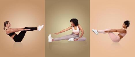 Three women perform different stretching exercises on a neutral background, showcasing flexibility and strength while focusing on their fitness routines. photo