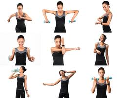 African American young woman engages in various exercises using dumbbells and stretches in a well-lit indoor space. She demonstrates strength training and fitness routines while smiling confidently. photo