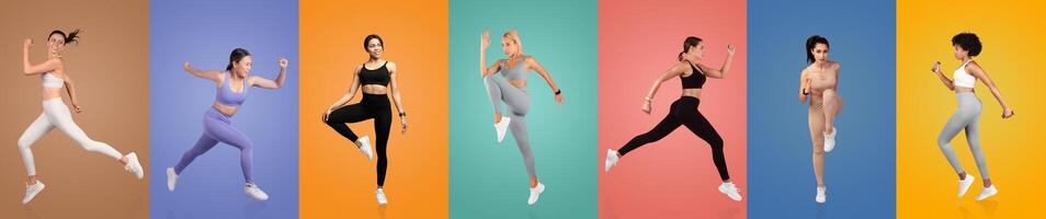 A group of women performs various dynamic workout moves in bright, colorful backgrounds. Each woman displays energy and determination, showcasing diverse athletic poses and styles. photo