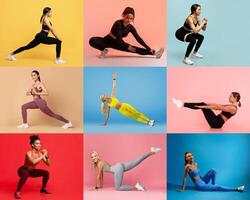 A vibrant display of women engaged in different exercises, showcasing strength and flexibility. Each is on a unique background, highlighting their fitness routines. photo